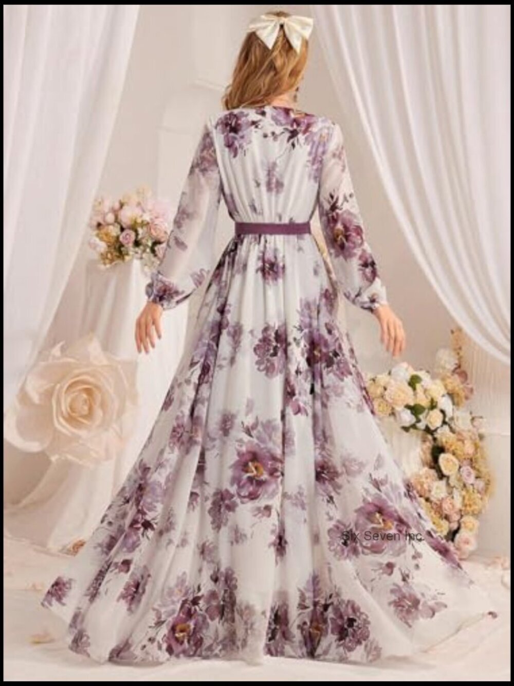 Polyester Maxi Dress Long Sleeve Floral Vintage Boho Casual - Picture 3 of 6